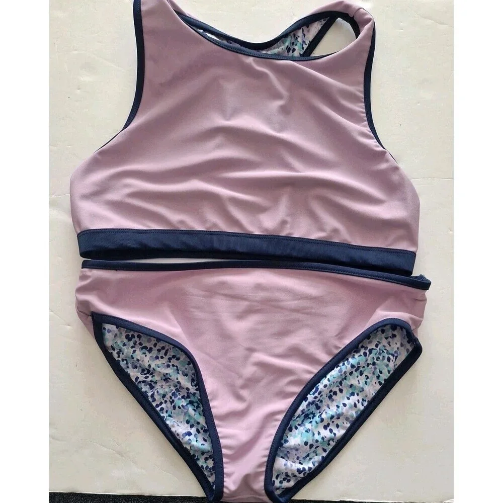 Eddie Bauer Girls 2 Piece Reversible Swimsuit Med 10-12 Purple Blue Polka Dots